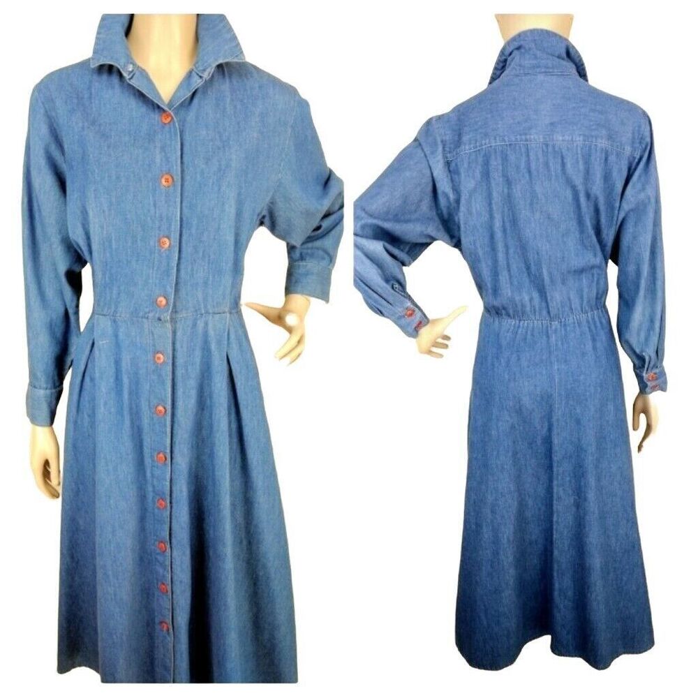 Vintage 70s 80s Phillipe Marcel Blue Collared Button-Down Jean Denim Shirt Dress